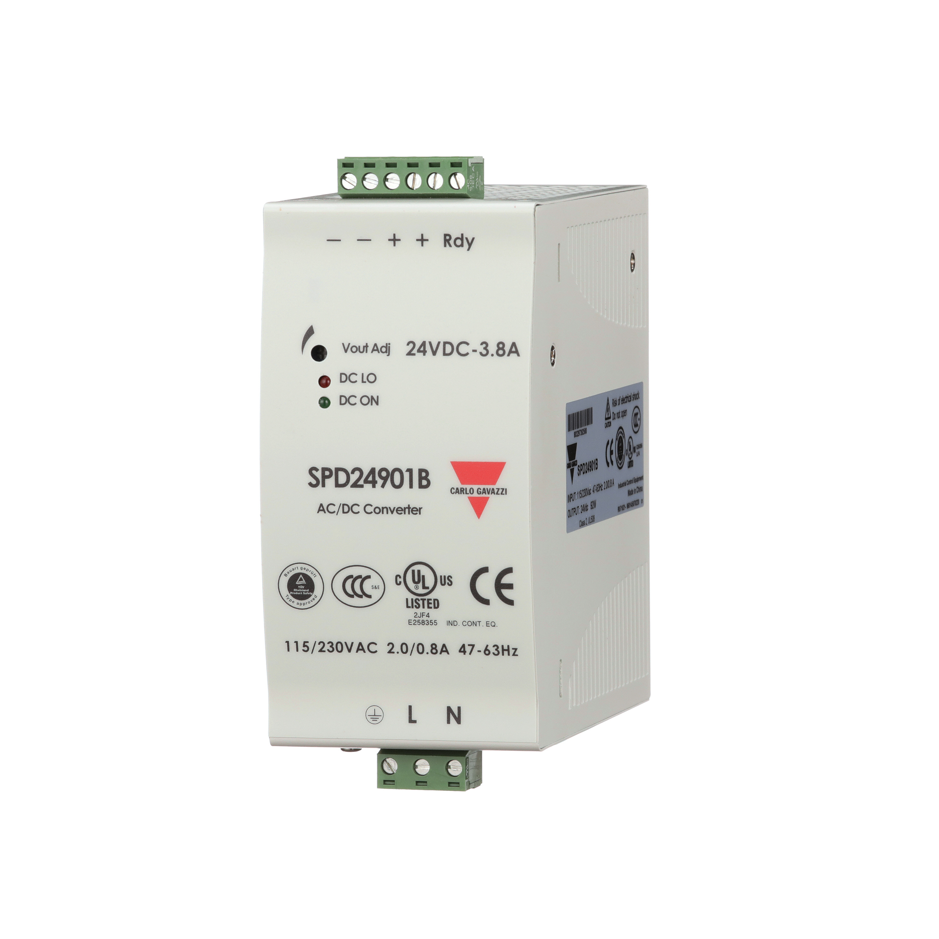 Carlo Gavazzi Switching Power Supply; 24VDC OUT; 3.8A; 90-264VAC / 120-375VDC IN; Single-Phase; DIN Rail Mount